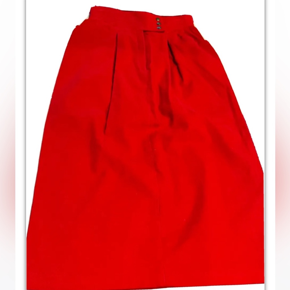 RED Corduroy pleated pencil skirt corp core Pockets office siren boardroom chic